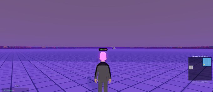 A 3D avatar named "Baxie" stands in a purple, grid-lined virtual world in Decentraland, with a small minimap visible in the bottom right showing their location and what appears to be a 2D overview map — celebrating the achievement of finally having a map overlay in their world.