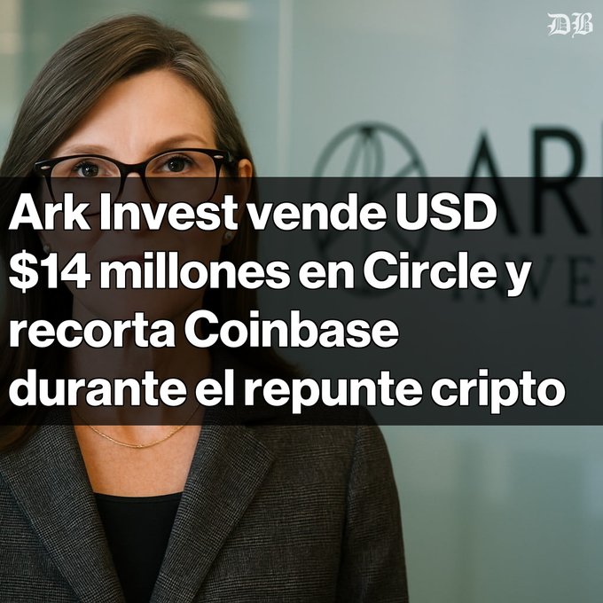 The image shows a woman with glasses in a professional setting with "ARK" branding visible in the background, overlaid with Spanish text reading: "Ark Invest vende USD $14 millones en Circle y recorta Coinbase durante el repunte cripto" (Ark Invest sells USD $14 million in Circle and cuts Coinbase during the crypto rally). The caption relates to the post by highlighting Ark Invest's significant divestment from crypto-related holdings including Circle, Coinbase, and its ARKB ETF, totaling around $60 million in sales, which coincided with expectations around the Clarity Act legislation.