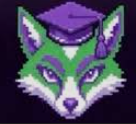A pixel art illustration of a green and white fox face wearing a purple graduation cap with a tassel.