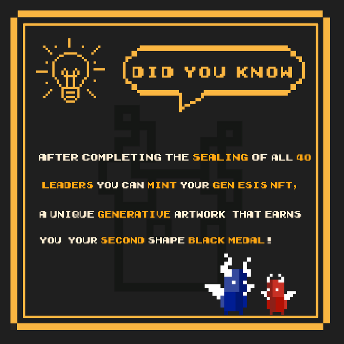 A pixel art 'Did You Know' info graphic explaining that completing the sealing of all 40 leaders allows minting a Genesis NFT, a generative artwork that grants a second shape black medal.
