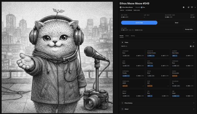 A screenshot of an NFT marketplace listing for 'Ethos Meow Meow #549', displaying a black and white drawing of a kitten in a hoodie and headphones next to a microphone and camera.