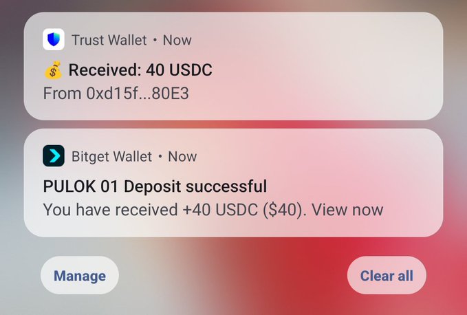 Two mobile notification banners show incoming USDC deposits: one from Trust Wallet for 'Received: 40 USDC' and another from Bitget Wallet confirming a successful PULOK 01 deposit of +40 USDC.