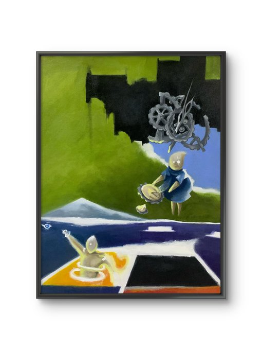 A framed surrealist painting featuring abstract figures, a mechanical eye, and geometric shapes in green, blue, black, and orange tones.