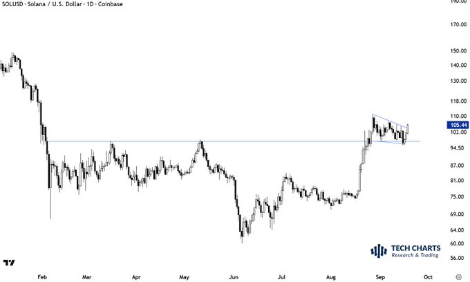 The image shows a daily candlestick chart of SOLUSD (Solana/U.S. Dollar) on Coinbase, with prices ranging from $56 to $190, displaying a sharp rally from around $100 in late August up to approximately $105, illustrating the renewed bullish momentum referenced in the post about life returning to several cryptocurrency pairs.