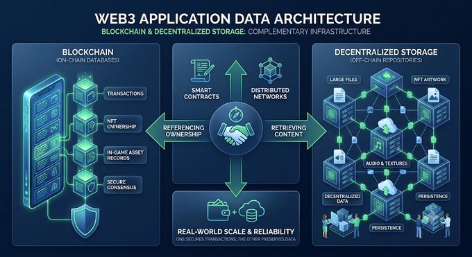 A detailed 'WEB3 APPLICATION DATA ARCHITECTURE' infographic illustrating how Blockchain (on-chain databases for transactions, NFT ownership, in-game assets, secure consensus) and Decentralized Storage (off-chain repositories for large files, NFT artwork, audio, textures) work as complementary infrastructure for real-world scale and reliability.