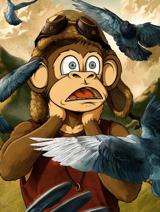 An illustration of a cartoon monkey wearing a leather aviator cap with goggles, looking terrified as several pigeons fly around it in a mountainous landscape.