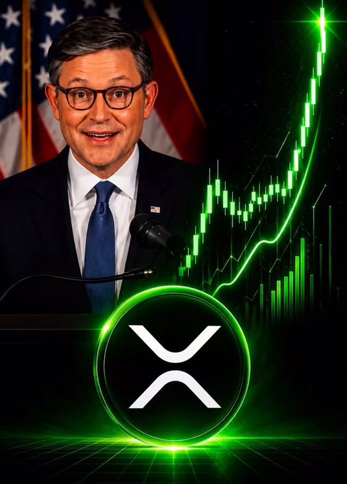 An image of Treasury Secretary nominee Scott Bessent speaking at a podium next to a green XRP cryptocurrency logo and an upward-trending candlestick chart.