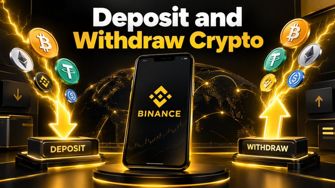 A promotional graphic for Binance showing 'Deposit and Withdraw Crypto' with a smartphone displaying the Binance logo, flanked by 'DEPOSIT' and 'WITHDRAW' buttons and various cryptocurrency coins including Bitcoin, Tether, and BNB against a dark background with lightning effects.