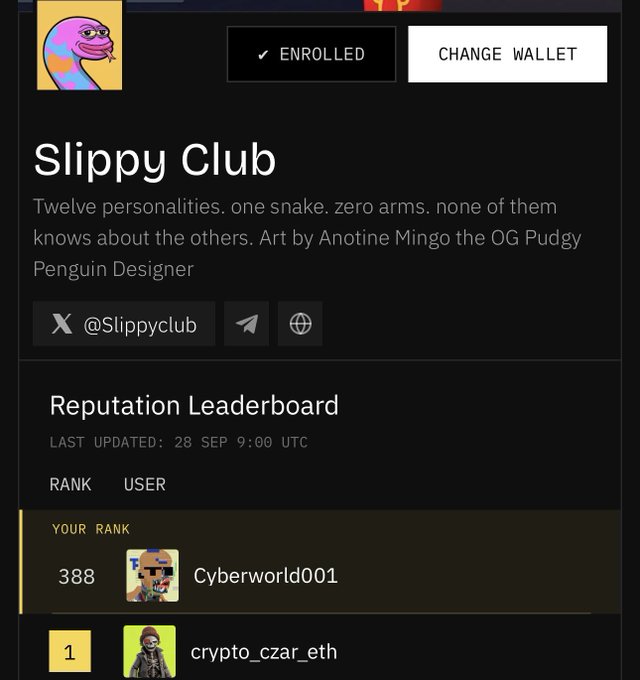 A screenshot of a 'Slippy Club' NFT or token page showing an 'ENROLLED' status, description reading 'Twelve personalities. one snake. zero arms. none of them knows about the others. Art by Anotine Mingo the OG Pudgy Penguin Designer,' with a Reputation Leaderboard showing user 'Cyberworld001' at rank 388 and 'crypto_czar_eth' at rank 1.