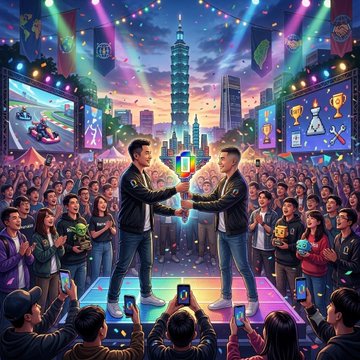 A vibrant, stylized illustration of two young men shaking hands on a stage in front of a cheering crowd, with a Taipei 101 tower visible in the background.