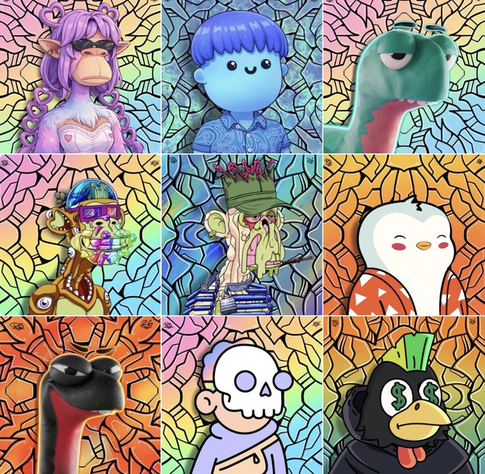 A 3x3 grid of NFT characters from the Roc Sol collection displayed against colorful, stained-glass-style mosaic backgrounds, offered as rewards for charitable donations to support Clubhouse & Co's future events.