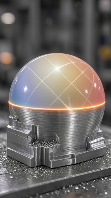 A metallic object with a transparent dome on top sits in what appears to be a workshop or factory setting, with a glowing orange light around the base of the dome.