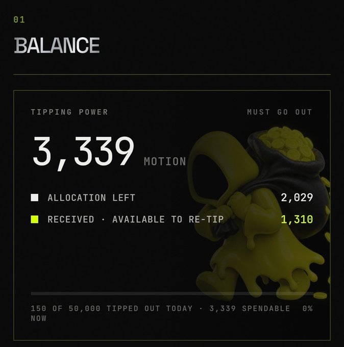 A user shares their "Balance" dashboard showing 3,339 MOTION tipping power (2,029 allocation left and 1,310 available to re-tip), highlighting their earnings from the @motiontip and @tipmotion platforms while noting occasional transaction issues.