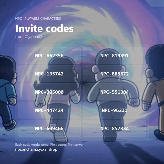 An 'Invite codes' graphic for 'NPC - PLAYABLE CHARACTERS' from @jaouad2d displays multiple codes in the format 'NPC-XXXXXX' (e.g., NPC-862356, NPC-135742) over a background of cartoon characters walking toward a portal, with text 'npconchain.xyz/airdrop'.