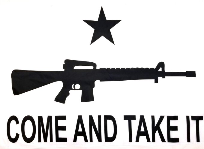A black and white graphic showing a silhouette of an AR-15 style rifle beneath a star, accompanied by the bold text 'COME AND TAKE IT'.