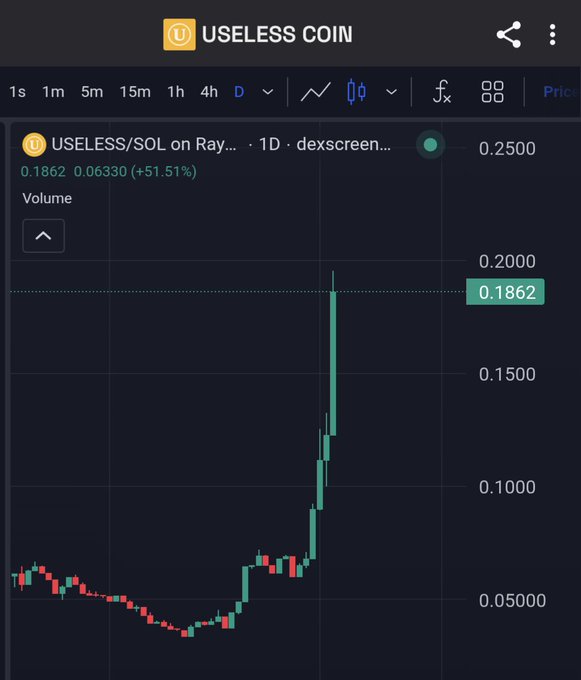 A trading chart showing USELESS/SOL token on Raydium (dexscreen) priced at 0.1862, up 51.51% with a notable price spike on the daily timeframe.