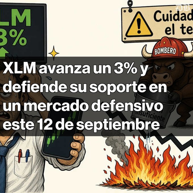 A cartoon illustration with Spanish text reading "XLM avanza un 3% y defiende su soporte en un mercado defensivo este 12 de septiembre," featuring a panicked person, a bull wearing a "BOMBERO" helmet, and flames.