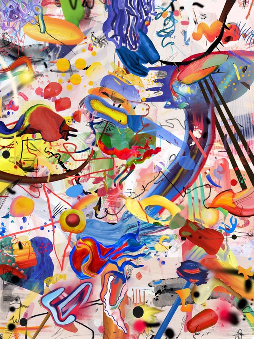 The image features a colorful abstract painting with various shapes, lines, and colors that create an interesting visual effect. The painting appears to be a collage of different elements, including red, blue, yellow, green, orange, black, white, and pink hues. It is displayed on a canvas or paper, showcasing the artist's creativity and skill in blending these colors together. The post also mentions that there are only four left, which suggests that this artwork might be a limited edition piece or part of an exclusive collection.