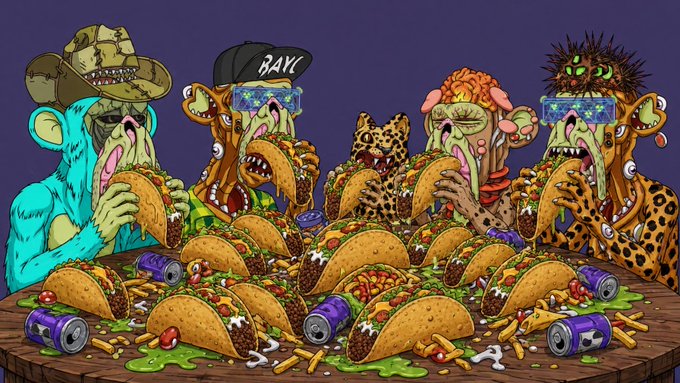 A chaotic, cartoon-style illustration showing wild animals like a leopard, cheetah, and monstrous creatures wearing sunglasses and hats, ravenously eating a massive pile of tacos and drinking energy drinks on a wooden table.