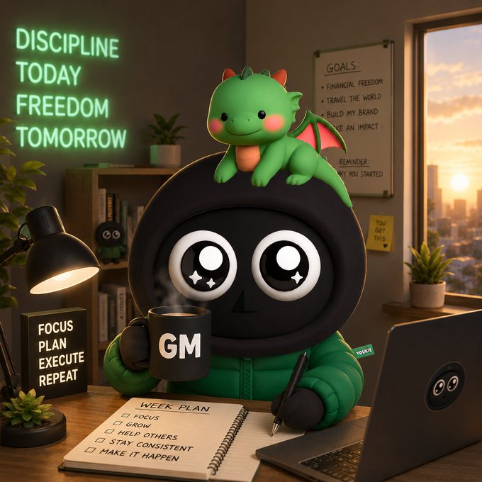 A 3D-rendered black character wearing a green hoodie holds a 'GM' coffee mug at a desk with a 'WEEK PLAN' checklist, a laptop, and neon signs reading 'DISCIPLINE TODAY FREEDOM TOMORROW' and 'FOCUS PLAN EXECUTE REPEAT', with a small green dragon sitting on its head and a 'GOALS' whiteboard in the background.