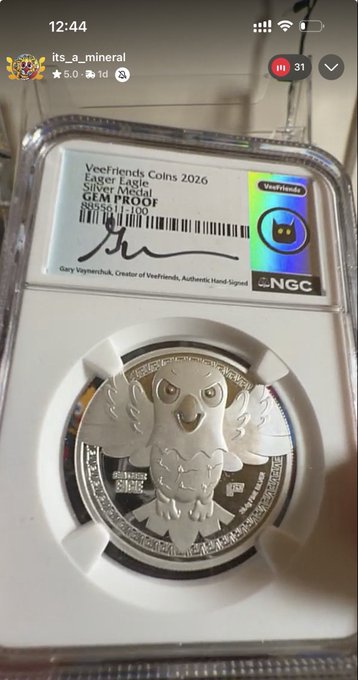 A VeeFriends Coins 2026 silver medal featuring an owl, NGC graded GEM PROOF and authenticated by Gary Vaynerchuk, displayed on an Instagram story.