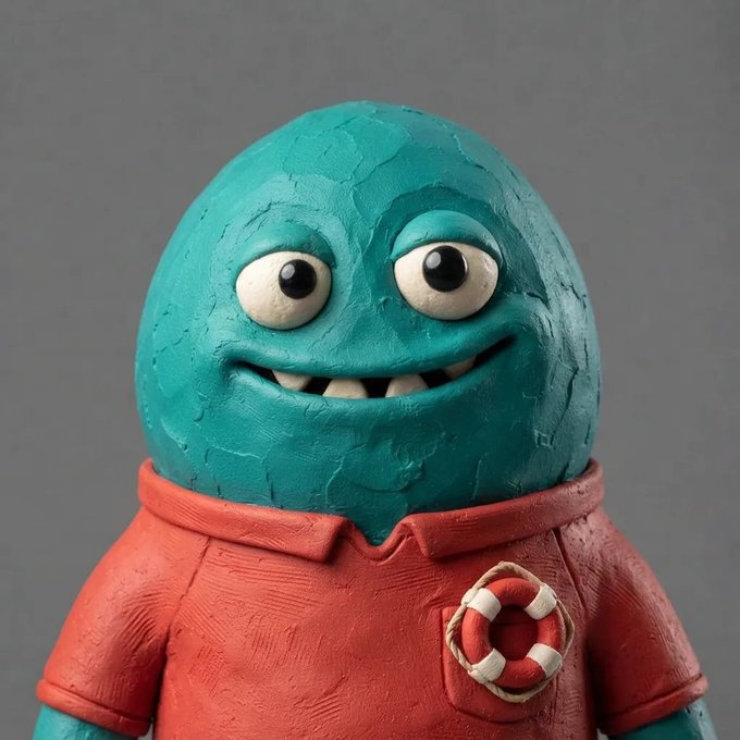 A claymation-style teal character with a wide, toothy grin and bulging eyes wears an orange collared shirt featuring a life preserver emblem, visually tying into the "Claymates" NFT collection referenced in the post's call to action for checking eligibility on OpenSea.