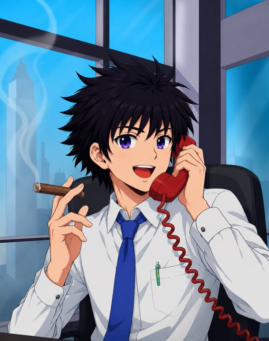 An anime-style illustration of a young man with messy black hair and purple eyes, wearing a white dress shirt and blue tie, smiling while holding a red telephone receiver and a lit cigar.