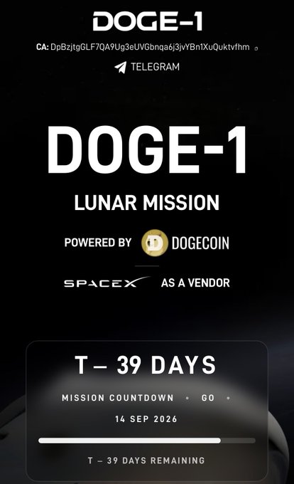 The image is a promotional countdown graphic for the "DOGE-1 Lunar Mission," powered by Dogecoin with SpaceX as a vendor, displaying a mission countdown of "T - 39 Days" with a launch date of September 14, 2026. It includes a contract address (CA) and a Telegram link, aligning with the post referencing $DOGE and the same date.