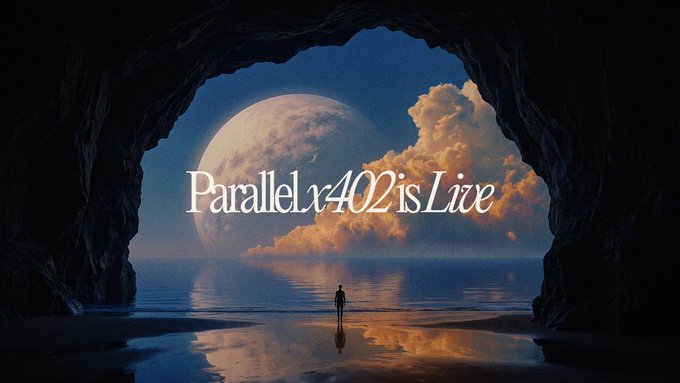 A surreal digital artwork showing a person standing inside a cave looking out at a giant moon, clouds, and ocean, with the text "Parallelx402 is Live" overlaid.