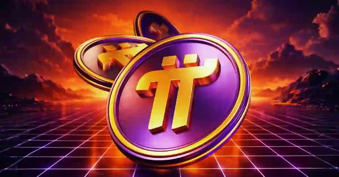A 3D digital rendering of two gold Pi cryptocurrency coins featuring the Pi logo, set against a retro-futuristic background of a sunset sky and a glowing neon grid.