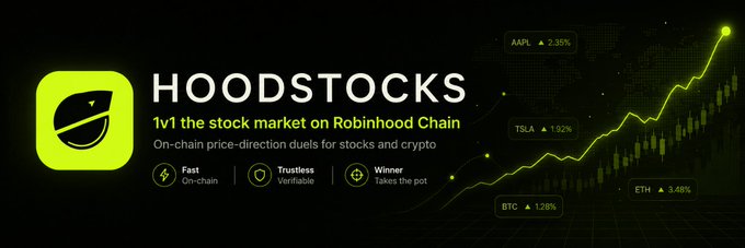 The image showcases HOODSTOCKS, a platform for 1v1 stock and cryptocurrency price-direction duels on the Robinhood Chain, featuring tickers like AAPL, TSLA, and ETH with their respective percentage gains. The graphic visually represents the platform's core concept of on-chain trading with a rising stock chart and performance metrics displayed.