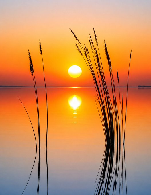 A serene photograph of a sunset over calm water with silhouetted tall grass in the foreground and the sun's reflection shimmering on the water's surface.