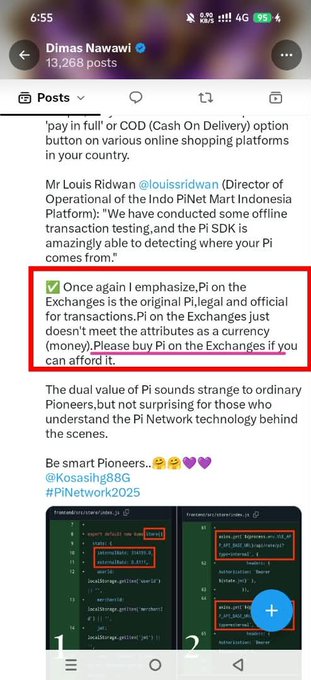 The image is a post by Dimas Nawawi featuring a statement from Mr. Louis Ridwan of Indo PINet Mart, emphasizing that Pi on the Exchanges is the original, official Pi for transactions, not a currency—encouraging supporters to choose Pi over money when possible. This relates to the caption's explanation of Pi's "Dual Value" concept, illustrating how Pi is positioned as both a transaction medium on exchanges and a digital currency, highlighting the distinction between its utility value and monetary form as explained by Dimas and Kosasih.