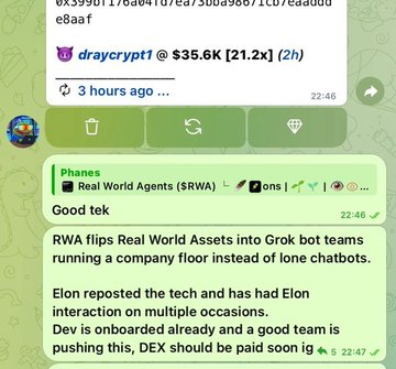 A Telegram trading group screenshot shows a user named "draycrypt1" sharing a call from "Phanes" about a token called "Real World Agents (SRWA)," where they predicted a 21.2x gain that rose to $35.6K within 3 hours. The post aligns with the accompanying message, as the user is showcasing their successful paper trading thesis on the SRWA memecoin to their friends.