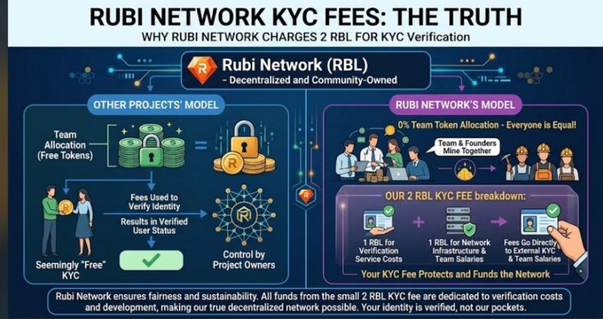 The image, titled "RUBI NETWORK KYC FEES: THE TRUTH," explains why Rubi Network (RBL) charges a 2 RBL fee for KYC verification instead of offering it for free like other projects. It contrasts the traditional "free" KYC model, which funnels team allocation funds through user verification controlled by project owners, with Rubi's model where all funds are dedicated to verification and development costs—with the 2 RBL fee broken down as 1 RBL for service costs and 1 RBL for network infrastructure and team salaries.