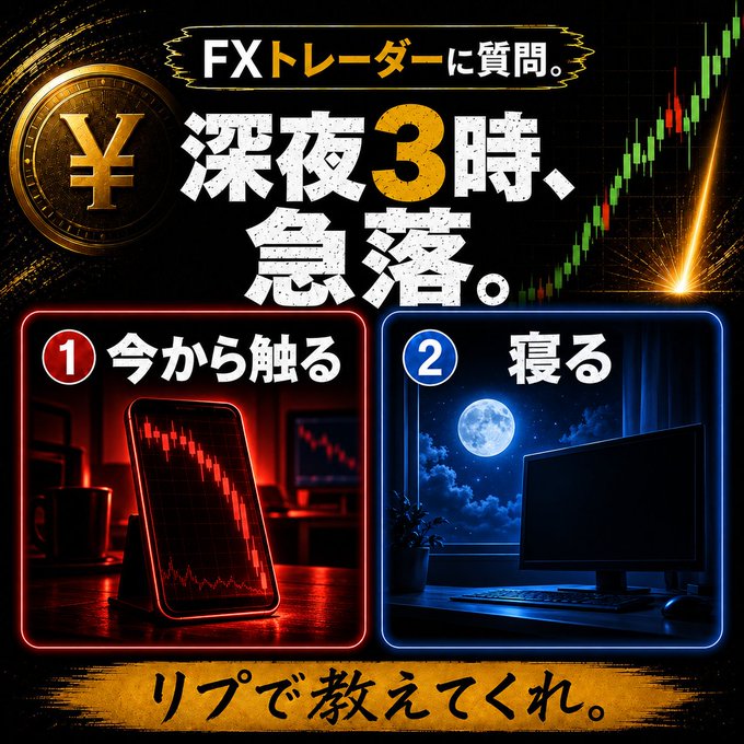 A Japanese-language graphic posing a question to FX traders: '深夜3時、急落' (At 3 AM, a sudden crash), presenting two choices: ① 今から触る (Trade now) or ② 寝る (Sleep), with a call to answer via repost.