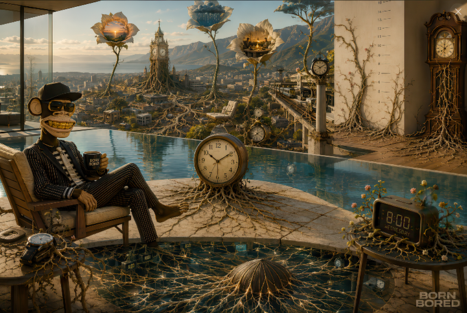 A monkey-faced figure in a pinstripe suit and sunglasses lounges by an infinity pool surrounded by giant clock towers, melting timepieces, and root-entangled digital clocks reading "8:00" and "12:25," echoing the post's message that "Winning requires clocking in first" and arrival is the first victory in Web3.