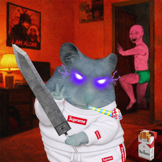 A surreal, AI-generated image of a large gray rat with glowing purple lightning eyes, wearing a Supreme-branded white sweatshirt and holding a giant machete, with a pink humanoid figure and Marlboro cigarettes visible in the red-toned room background.