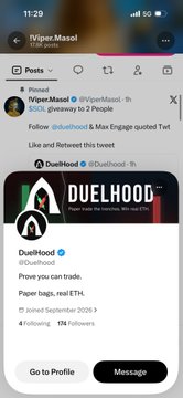 An Instagram screenshot showing a pinned post by ViperMaso0 promoting @Duelhood with a 'Prove you can trade' tweet about paper bags and ETH.