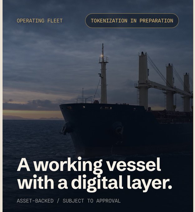 A dark promotional image of a cargo ship at sea with text 'OPERATING FLEET', 'TOKENIZATION IN PREPARATION', and 'A working vessel with a digital layer. ASSET-BACKED / SUBJECT TO APPROVAL'.