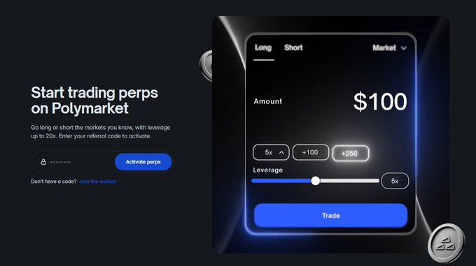 Promotional graphic reading 'Start trading perps on Polymarket' with a referral code activation field and a smartphone interface showing a $100 trade with 5x leverage.