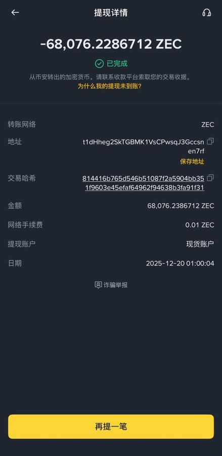 The image displays a completed cryptocurrency withdrawal transaction on a mobile app interface, showing a withdrawal of **-68,076.2286712 ZEC** (Zcash) from the Binance platform to an external address (t1dHheg2SkTGBMk1VsCPwsqJ3Gccsn7rf), with a network fee of 0.01 ZEC, dated 2025-12-20. This visual evidence supports the post's claim about someone holding a massive 1% of the total ZEC supply, as withdrawing over 68,000 ZEC in a single transaction demonstrates substantial holdings that would be significant enough to move the needle in clowning the trader for their unrealized losses of -$33M.
