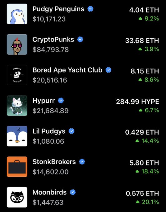 A list of NFT collections showing Pudgy Penguins (4.04 ETH), CryptoPunks (33.68 ETH), Bored Ape Yacht Club (8.15 ETH), Hypurr (284.99 HYPE), Lil Pudgys (0.429 ETH), StonkBrokers (5.80 ETH), and Moonbirds (0.575 ETH), all displaying green percentage increases.