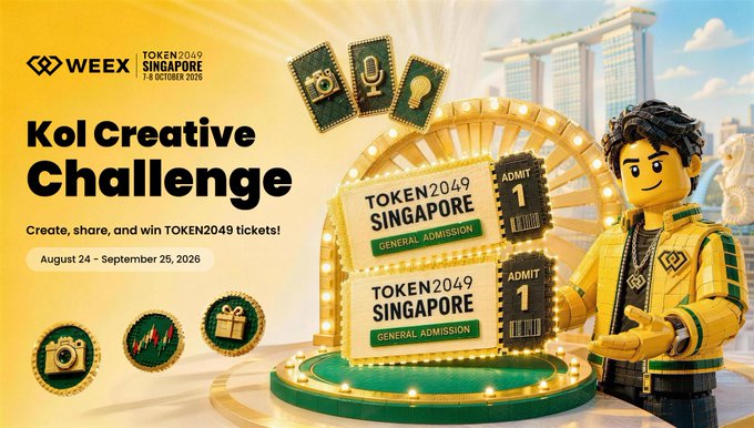Promotional banner for the "WEEX × TOKEN2049 KOL Creative Challenge" running August 24 – September 25, 2026, featuring a LEGO-style mascot beside TOKEN2049 Singapore general admission tickets and Singapore skyline imagery.