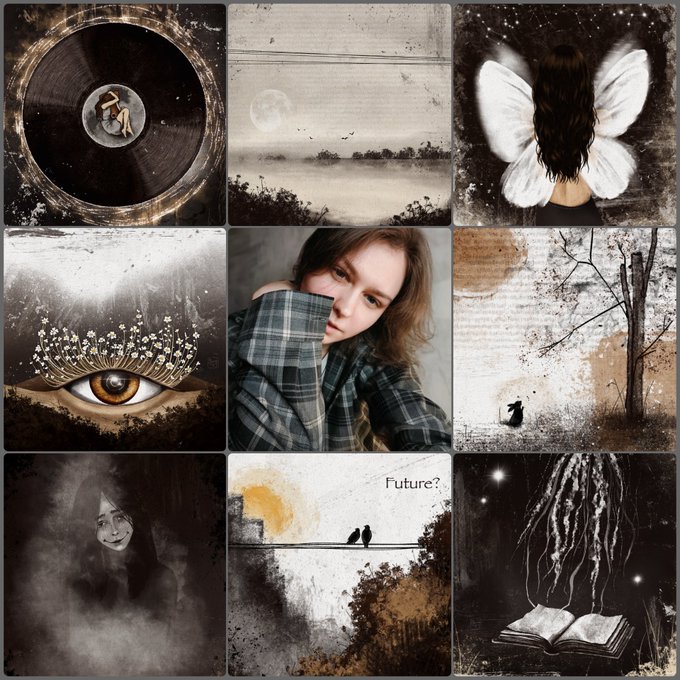 A 3x3 collage of moody, dark-toned artistic images including a vinyl record, a moonlit landscape, a fairy silhouette, a crowned eye with flowers, a young person in a plaid shirt, a small figure in a forest, a smiling ghostly girl, two birds with the text 'Future?', and an open magical book.