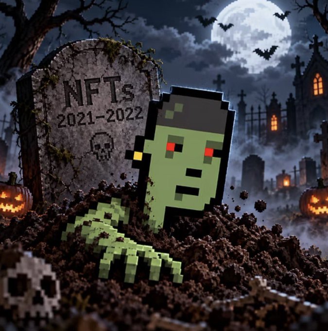A Halloween-themed digital artwork showing a pixelated zombie-like character rising from dirt in a graveyard, with a tombstone reading 'NFTs 2021-2022,' jack-o-lanterns, and a full moon in the background.