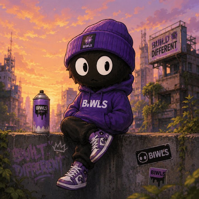 Digital artwork of a stylized character in purple BIWLS streetwear sitting on a wall at sunset, with a purple spray paint can and graffiti reading 'BUILD DIFFERENT'.