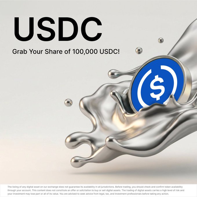 A promotional graphic for a USDC trading giveaway featuring a metallic USDC coin splashing through liquid silver, with text announcing "Grab Your Share of 100,000 USDC!" The image visually reinforces Bybit's limited-time campaign to reward traders using USDC trading pairs across major cryptocurrencies.