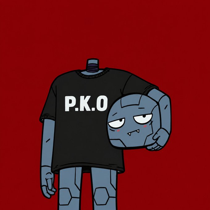 A cartoon-style robot character with a detached head wearing a black t-shirt that reads "P.K.O" stands against a red background, matching the cool, no-questions-asked vibe of the @pko_nft branding mentioned in the post.