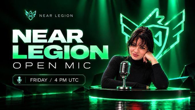 A promotional banner for 'NEAR LEGION OPEN MIC' happening Friday at 4 PM UTC, featuring a woman next to a vintage microphone.